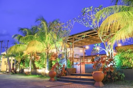 A tropical outdoor setting with lush green palm trees and various other plants, illuminated by ambient lighting at dusk. The scene includes a wooden pergola structure, with furniture and decorative elements around, set against a vibrant blue sky. Large pots and a paved walkway lead towards the seating area.