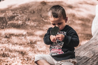A young child is seated outdoors on a large, curved piece of wood, intently examining a leaf with both hands. The child wears a dark sweatshirt with graphic letters and light-colored shorts. The background is out of focus, featuring a soft blend of earthy tones and dappled sunlight.