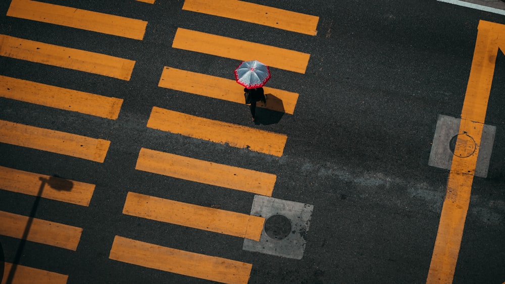 Fotografía a vista de pájaro de una persona que camina por el carril peatonal