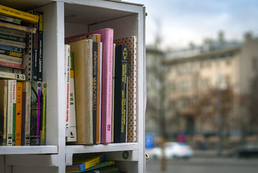 books in cubby shelf