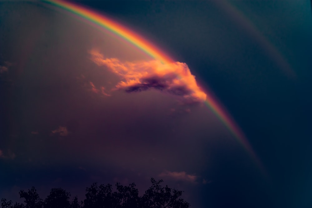 昼間は灰色の雲と青空に虹