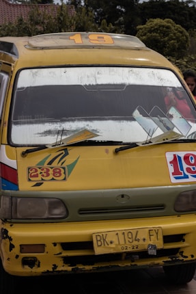 A yellow minibus with signs of wear and tear, displaying the numbers 19 and 238 on its front. The bus has a roof rack, large windshield, side mirrors, and a yellow license plate reading 'BK 1194 FY'. The background reveals some greenery and a building with a tiled roof.