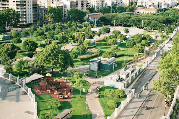 aerial photography plaza with trees and buildings