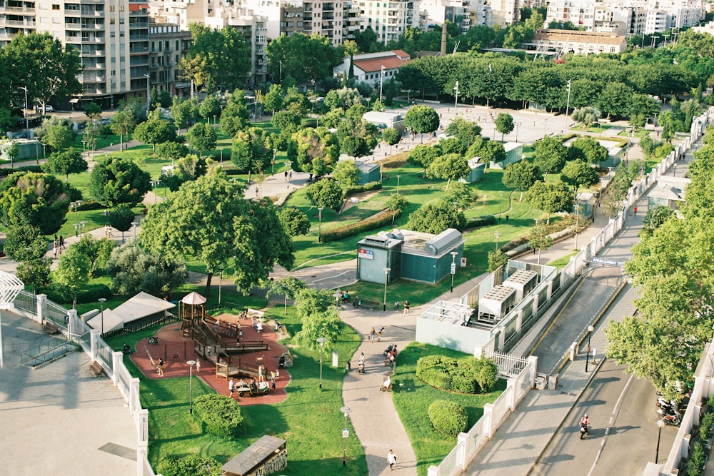 aerial photography plaza with trees and buildings