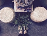 A pair of black shoes with intricate designs is seen from above, standing on a carpeted floor. In front of the shoes, a small green plant is arranged decoratively between two round, woven straw seats. A woven basket filled with pine cones and a cushion featuring a stylized owl design is visible nearby.