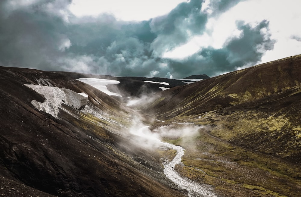 aerial view photography of river in between two mountains