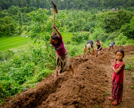 five people digging ground