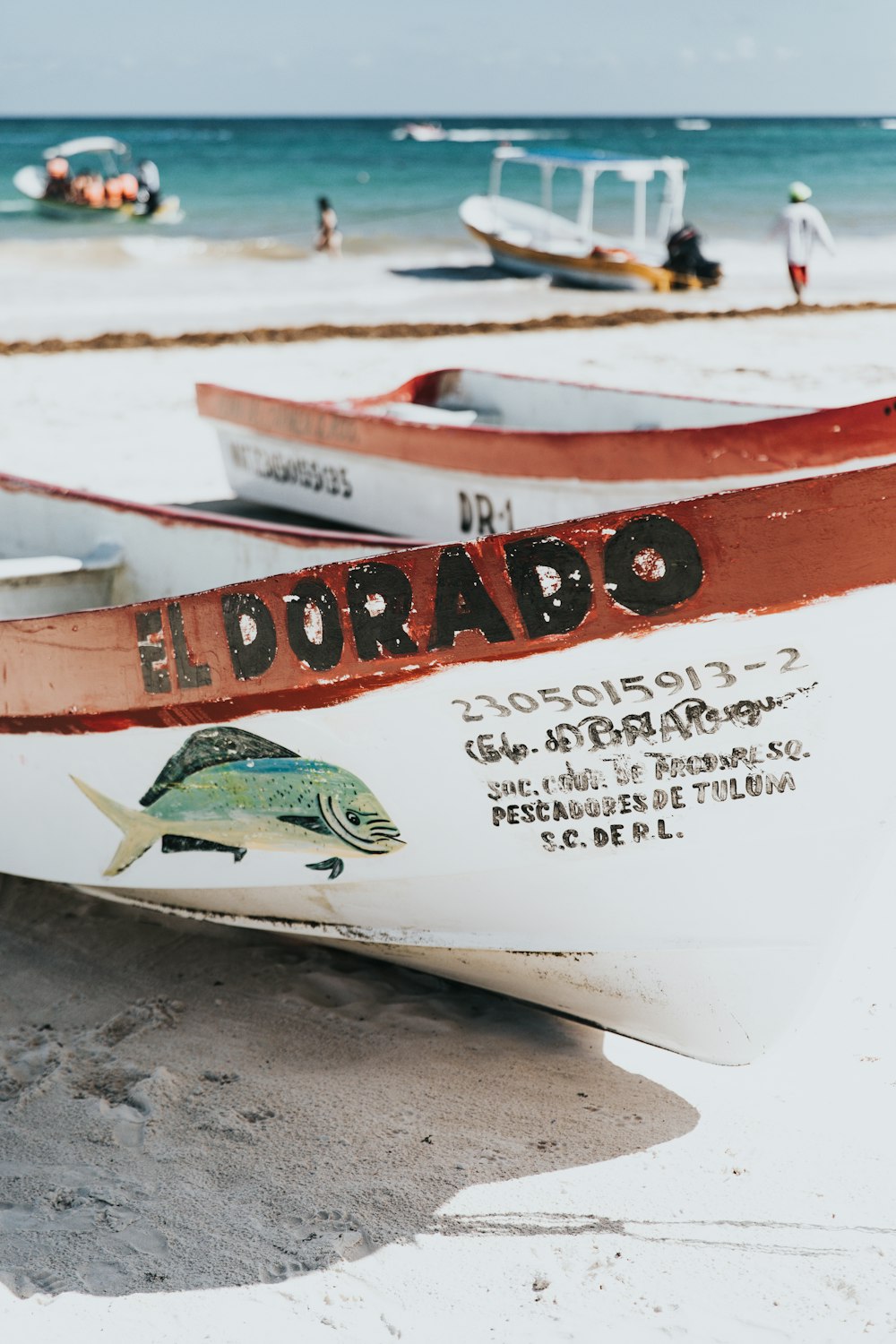 Barco El Dorado blanco y granate a la orilla del mar