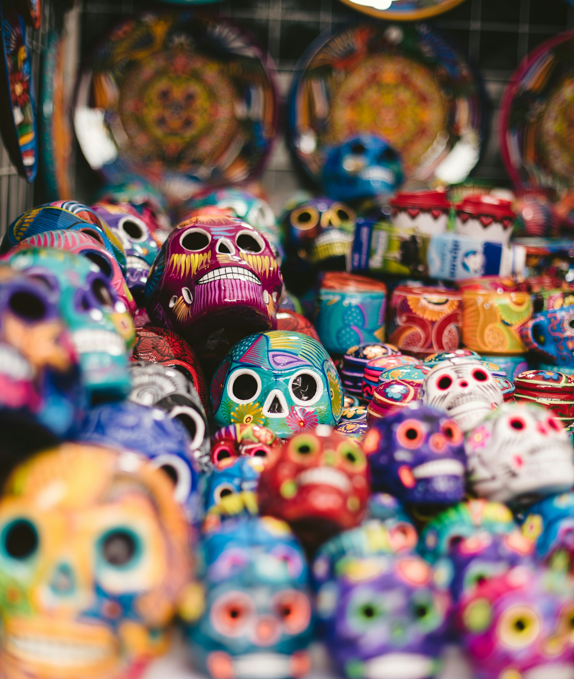 Colorful skulls for sale in Mexico City during Día de los Muertos.