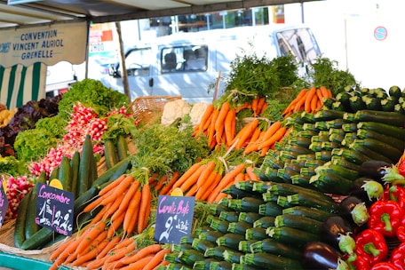 A vibrant market stall displaying fresh fruits and vegetables in Paris
