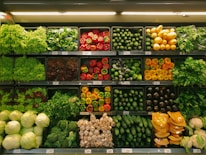 A variety of fresh vegetables are neatly arranged on multiple shelves in a grocery store. The assortment includes leafy greens, red and yellow bell peppers, zucchinis, yellow squash, eggplants, and cauliflower. The produce is organized in rows with similar items grouped together, showcasing vibrant colors and freshness under the store's lighting.