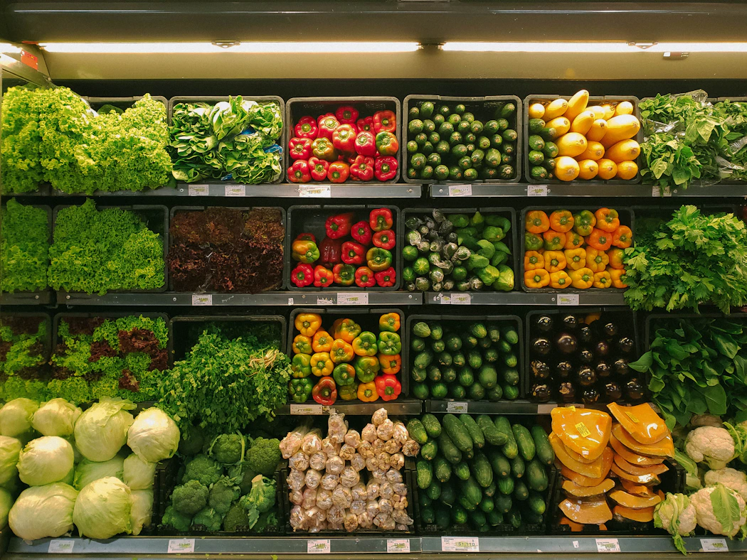 Fresh groceries in a market basket