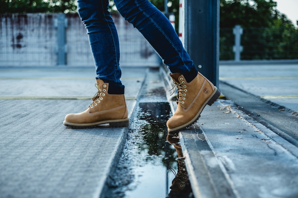 pair of brown leather work boots