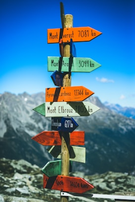 A wooden post with colorful directional signs points towards various famous mountains, including Mont Everest and Kilimanjaro, with corresponding distances in kilometers. The background features a mountainous landscape under a clear blue sky.