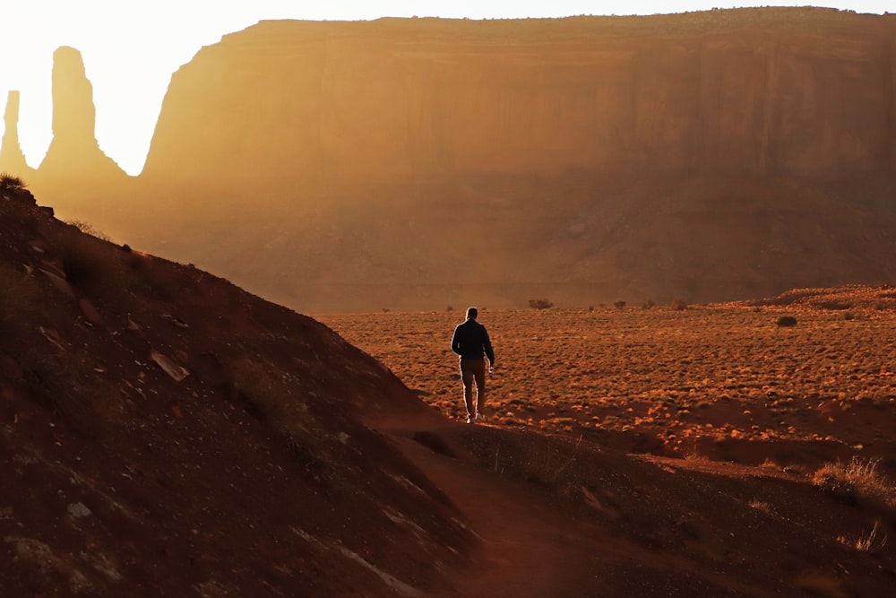 man walking near brown cliff