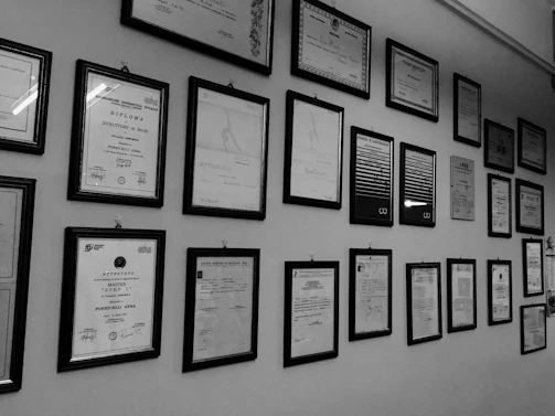 A polished trophy shelf displaying Stephen M. Francis III's collection of awards and framed certificates.