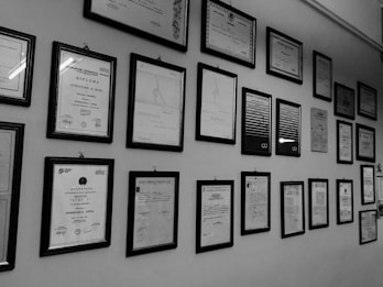 A wall adorned with an array of framed certificates and diplomas, meticulously organized in several rows. The frames are of uniform dark color, contributing to a professional and orderly appearance.