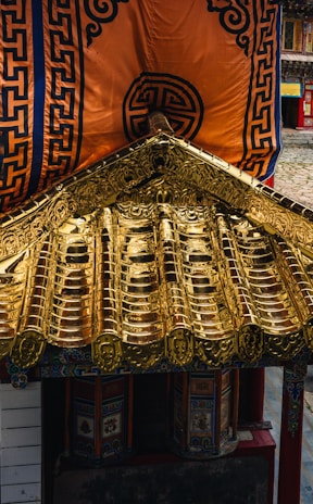 Close-up of a custom awning with intricate patterns inspired by Varanasi’s heritage.