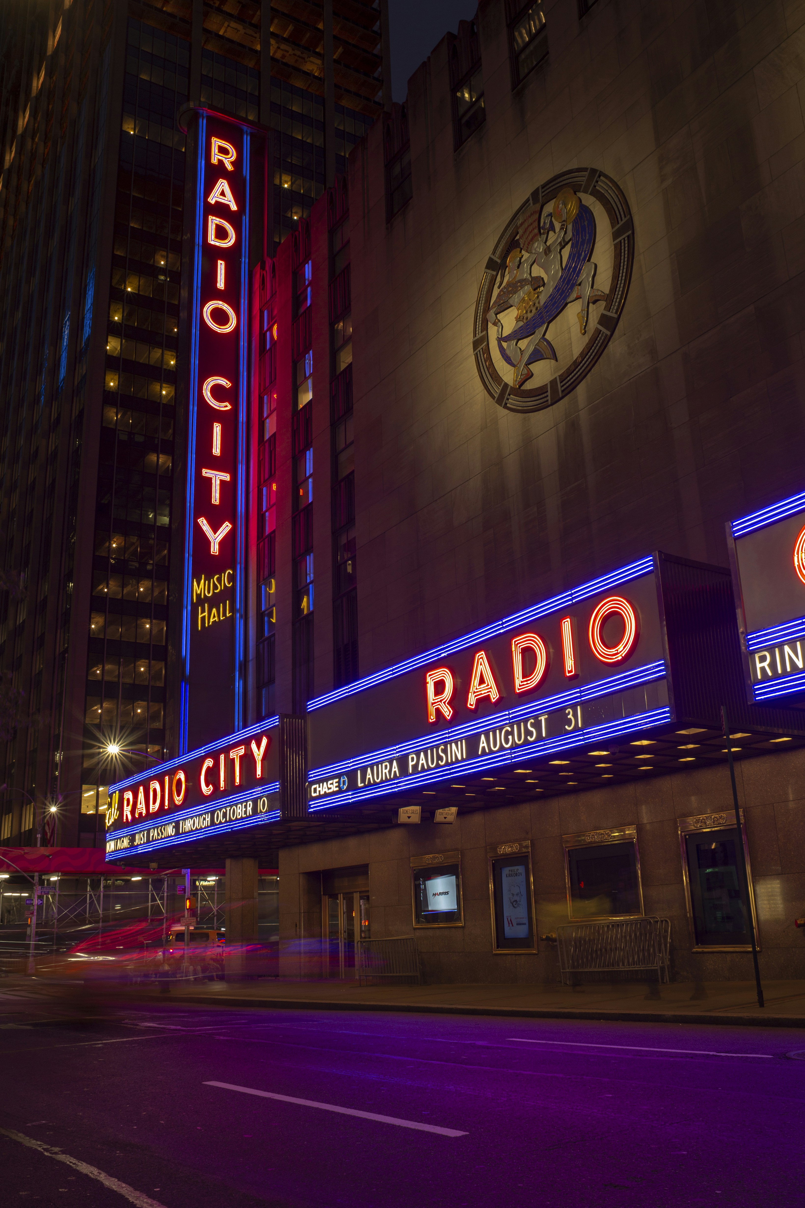Radio City music hall building at night