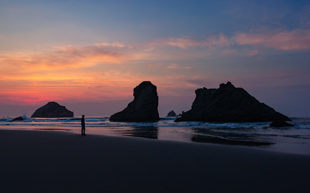 silhouette of man standing on shoreline