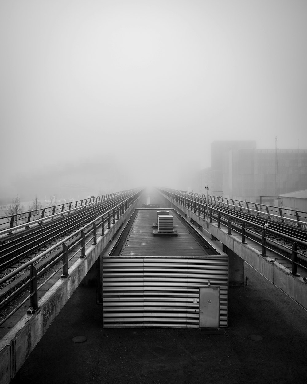 grayscale photo of shed covered with fog