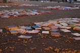 Scattered books and papers lie on the ground outside, surrounded by fallen leaves. The scene suggests a quiet moment, possibly after an event or sale, with books spread across a paved area.