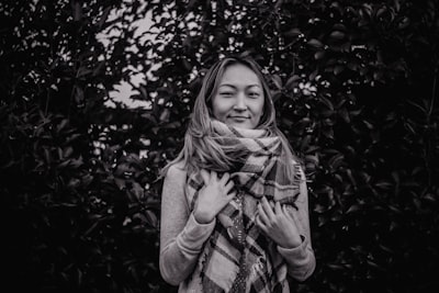 grayscale photography of woman wearing scarf scarf google meet background