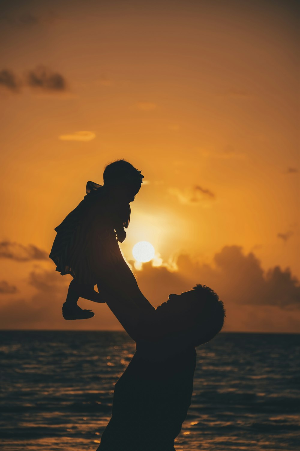 silhouette photo of man carrying baby during golden hour
