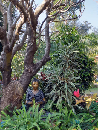 A tranquil Indian garden with a yogi meditating near a sacred banyan tree, sunlight filtering through leaves.