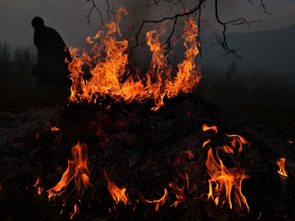 silhouette of person standing near the fire