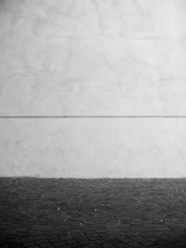 A minimalist black and white composition featuring a textured stone pavement extending to a plain wall, divided by a subtle horizontal line.