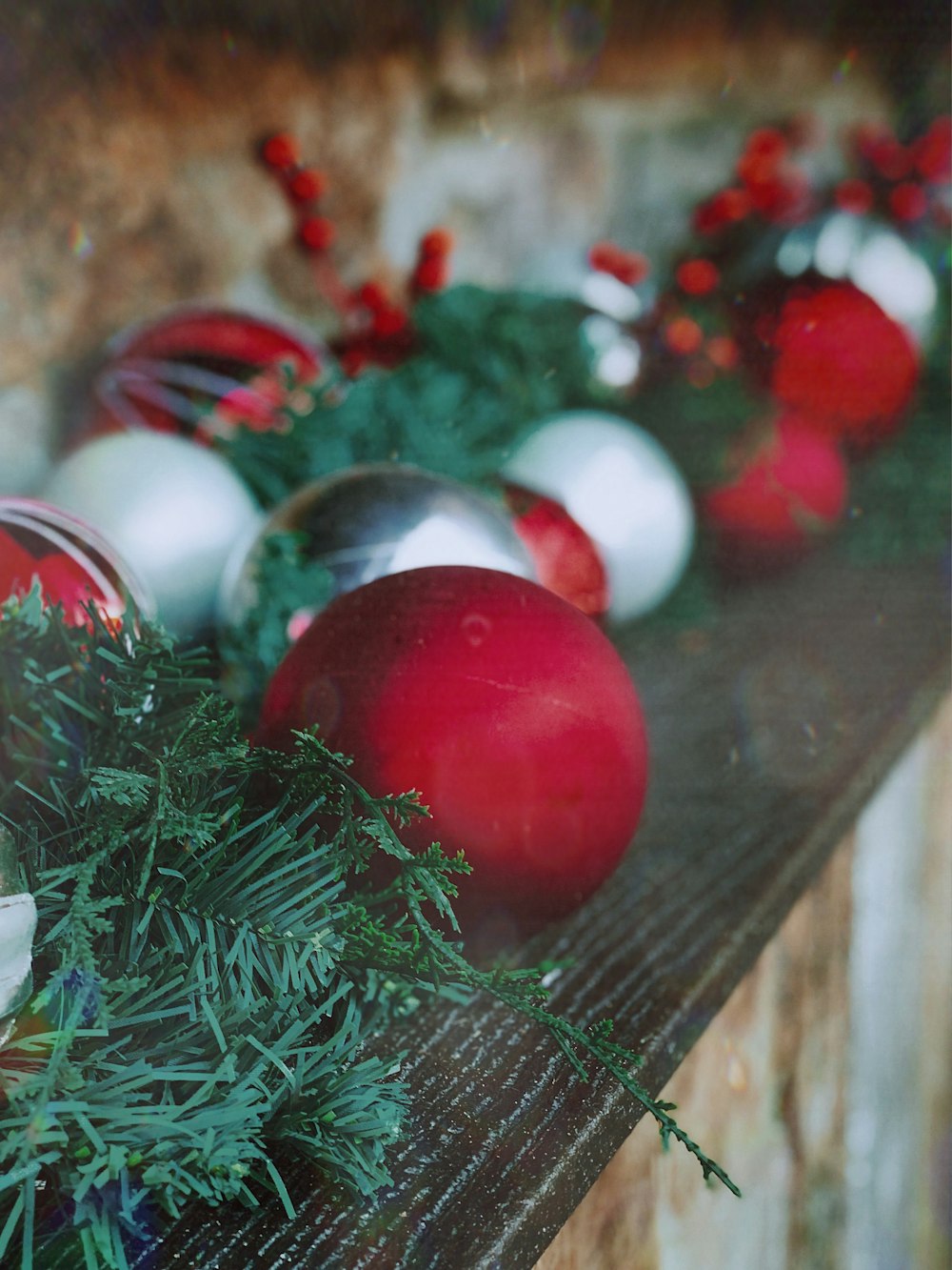 red, white, and silver baubles