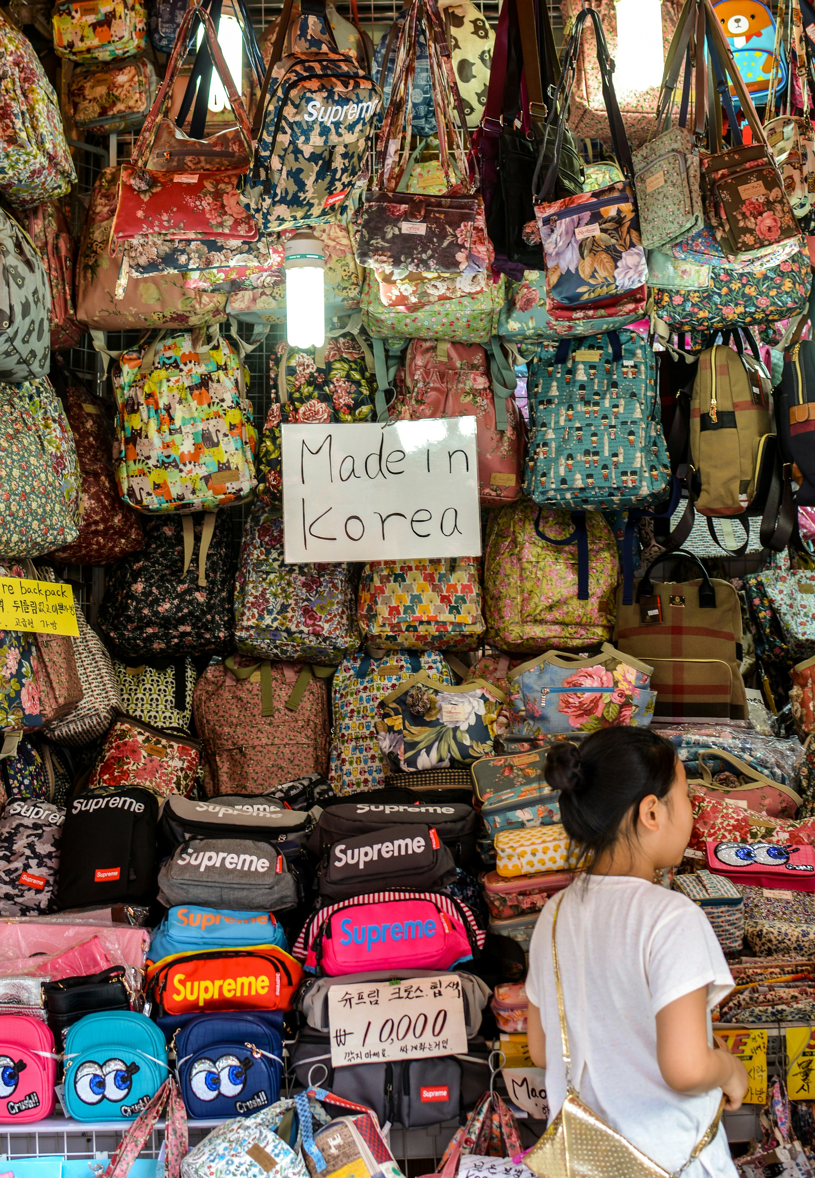 A shop selling bags in Namdaemun Market in Seoul, South Korea. The bags are really colorful and I love the emphasis on Made in Korea to attract buyers. Added tag for International Women’s Day 2019.