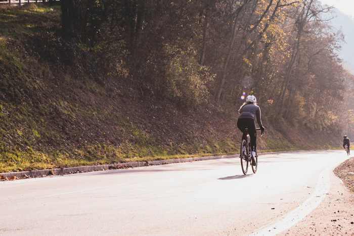 Stock photo of a cyclist riding along a tree-lined road