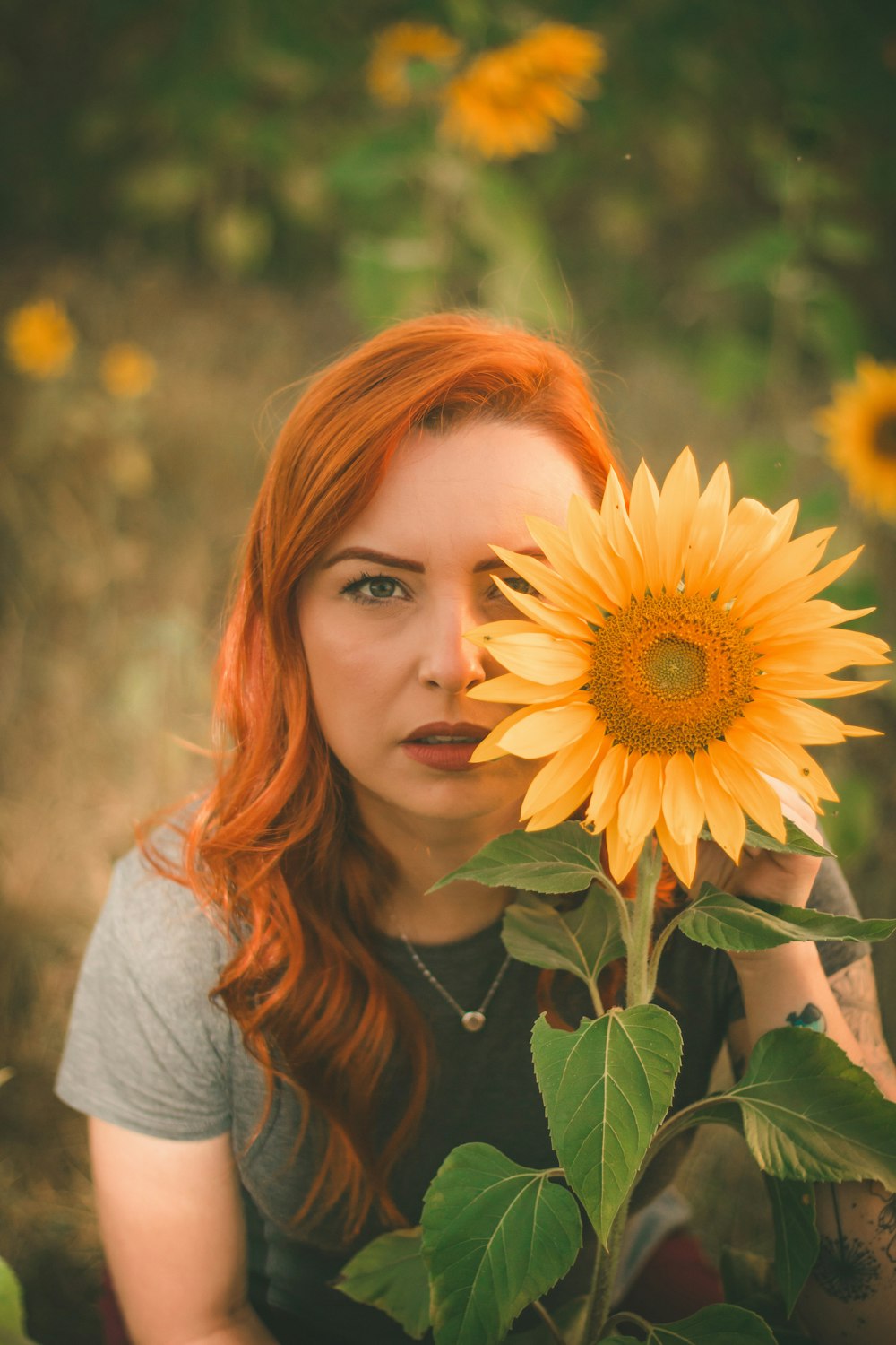 selective focus photo of woman sitting near sunflower