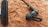 A close-up view of a black earphone resting on a textured, brownish-orange surface. The earphone features a small loop for securing it in the ear and a control module with buttons for adjusting audio settings.