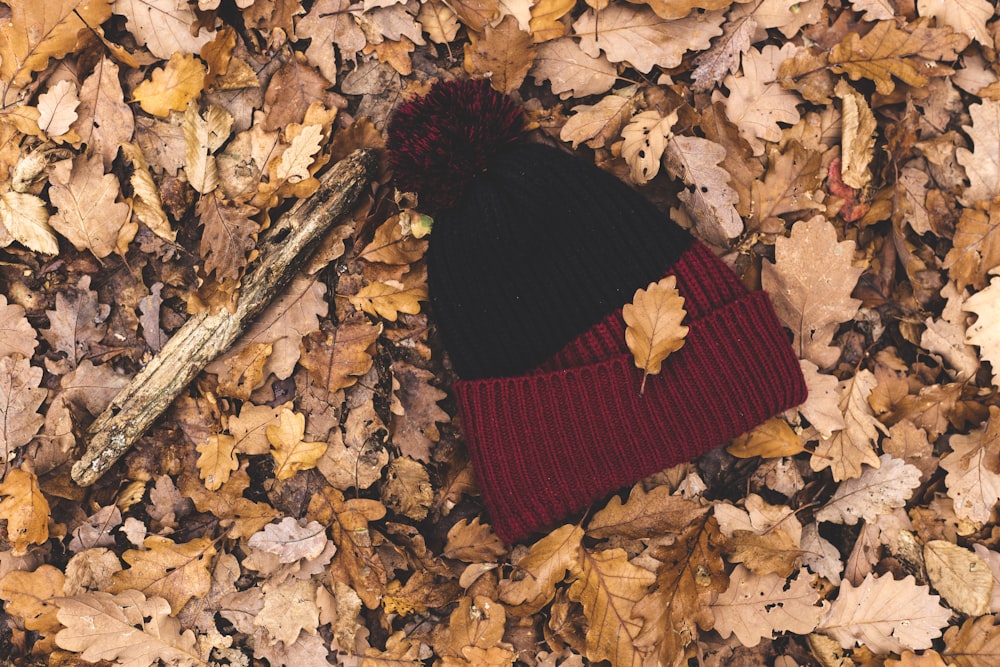 red and black bobble hat on ground