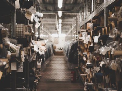 Rows of neatly packed deadstock fabrics inside a modern warehouse.