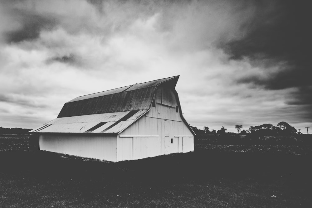 house in open field grayscale photography