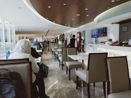 Comfortable hotel lobby where pilots and crew relax after flights.