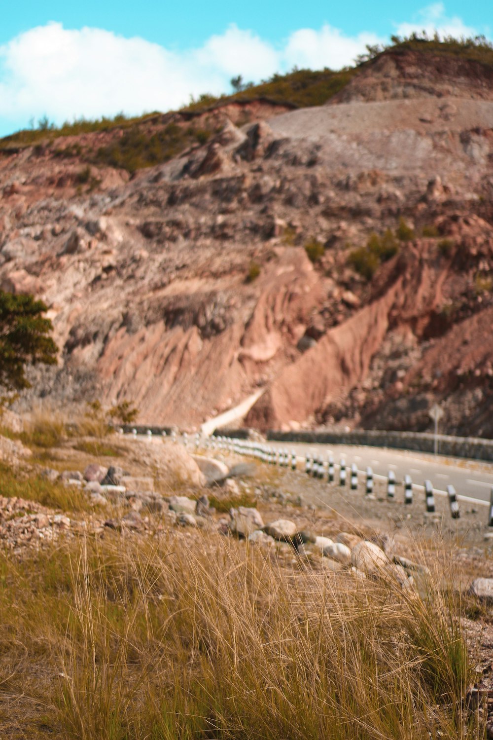 brown road beside rocky mountain