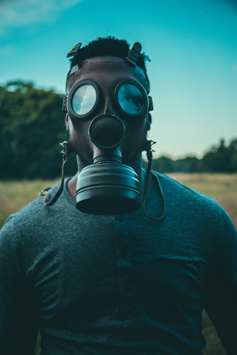 man wearing gas mask