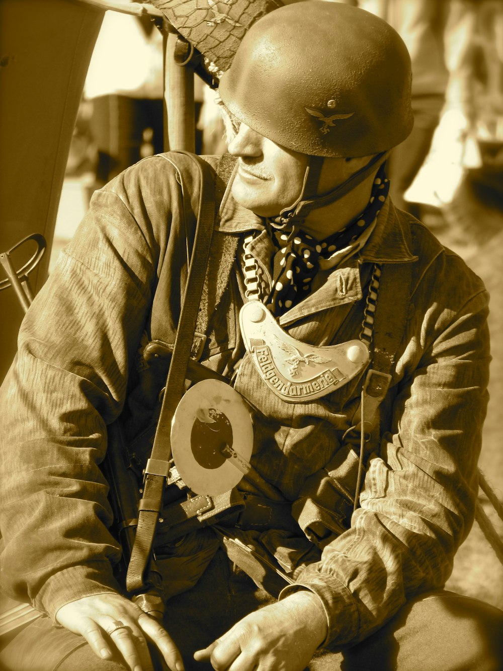 sepia photography of sitting army