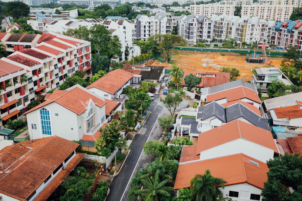 aerial view of building nad houses