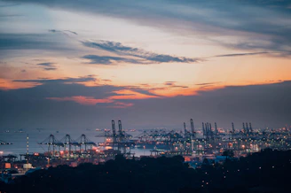A modern port terminal with automated cranes and digital control systems at sunset.