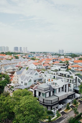 Aerial view of a suburban neighborhood featuring modern and traditional houses with red and gray roofs. Tall buildings in the distant background indicate a nearby cityscape. Lush green trees are scattered throughout, adding greenery to the area.