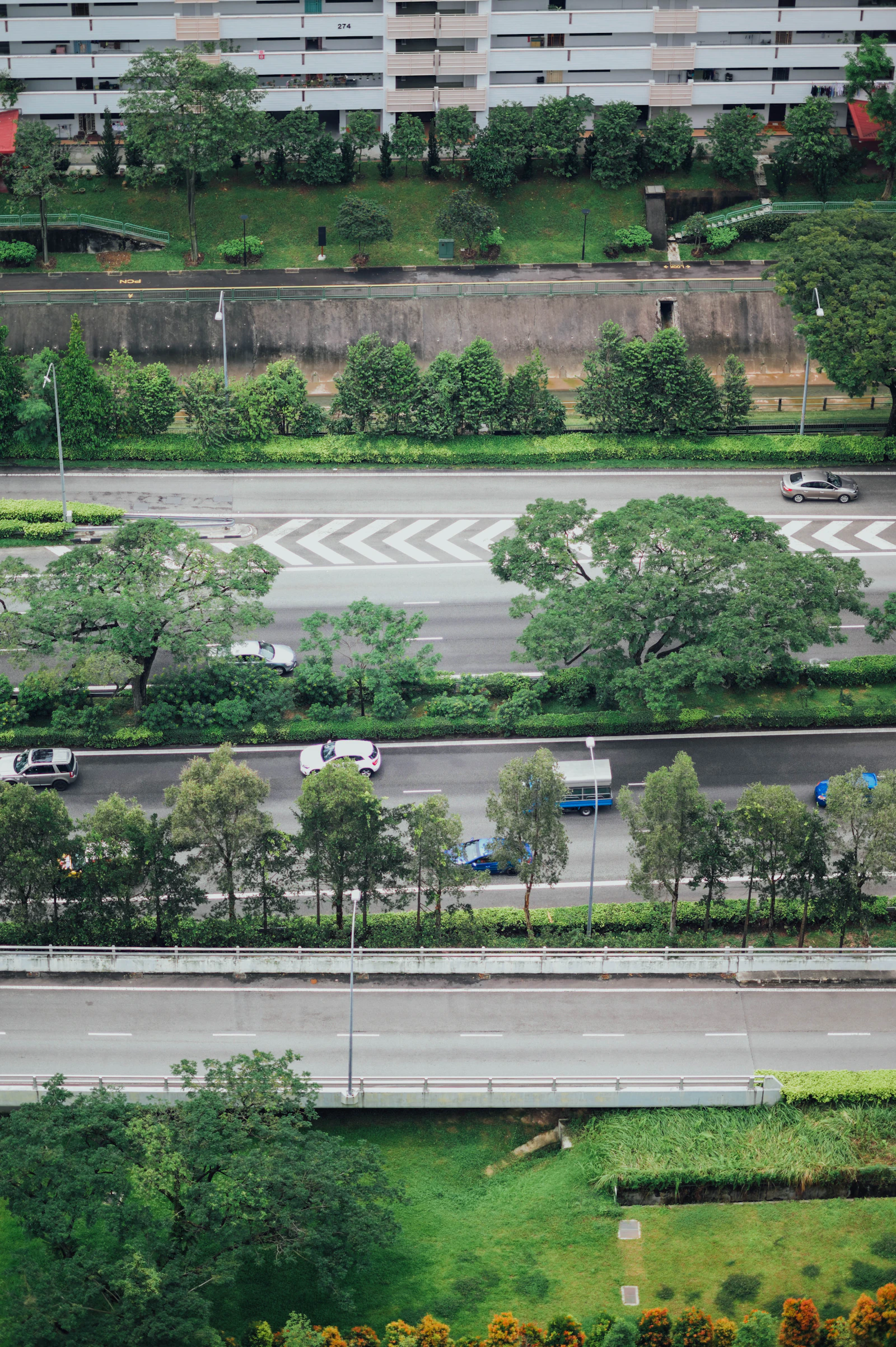 新加坡高速公路与郁郁葱葱的绿植，用于对比混合动力车与汽油车的燃油经济性