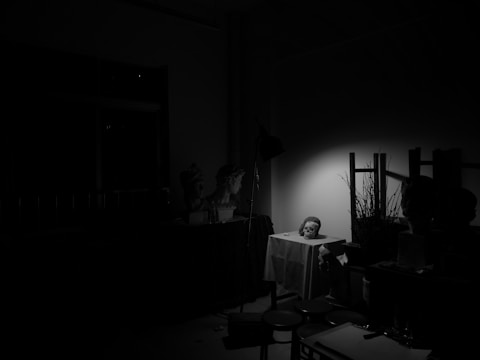 A dimly lit room with a dramatic spotlight focused on a sculpture of a head on a table. Several other busts and sculptures are partially visible in the shadows. The room appears to be an art studio with a variety of art supplies scattered around.