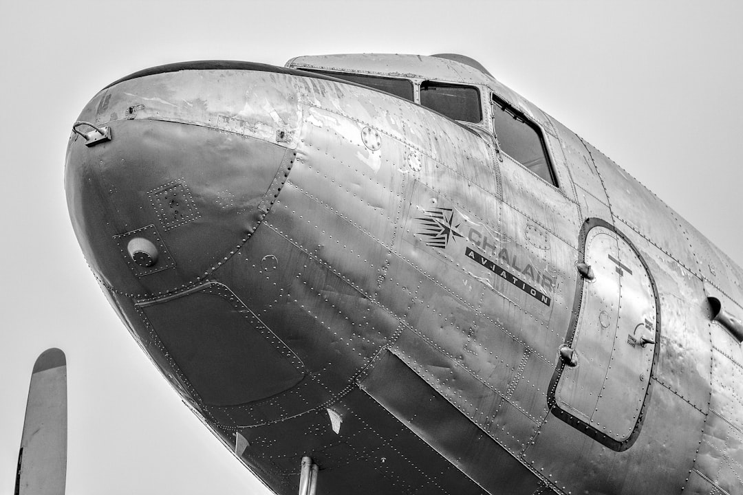 grayscale photo of plane, DC-3 Nose