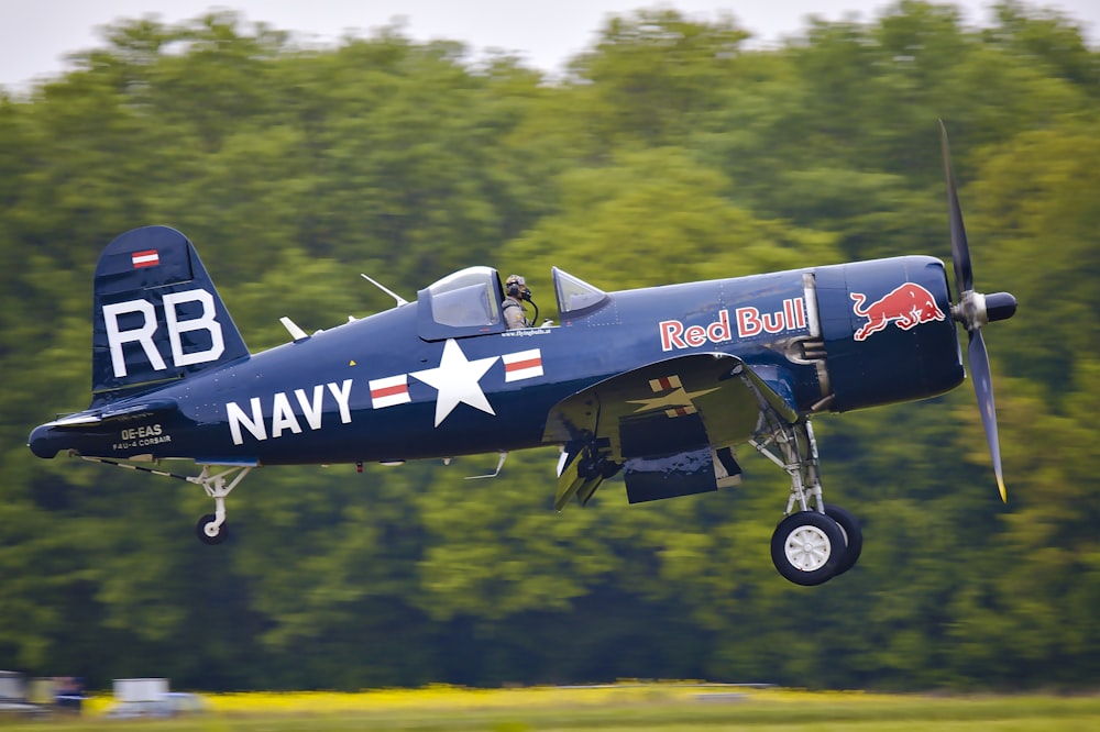 blue and white biplane flying in the sky